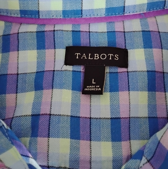 Talbots 100% Cotton Plaid Button Up Shirt Blue Purple Colorful Classic Sz Large - Picture 12 of 15